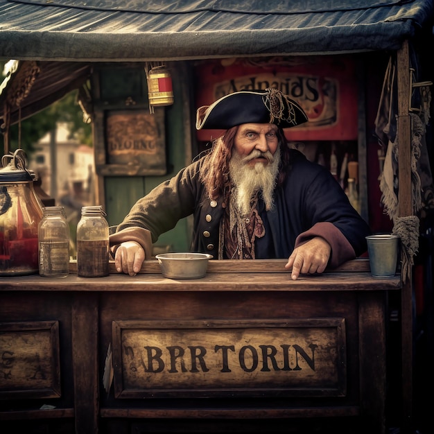um Pirata muito velho e faminto entra em um Quiosque e compra bebidas, comida e Zigarettes