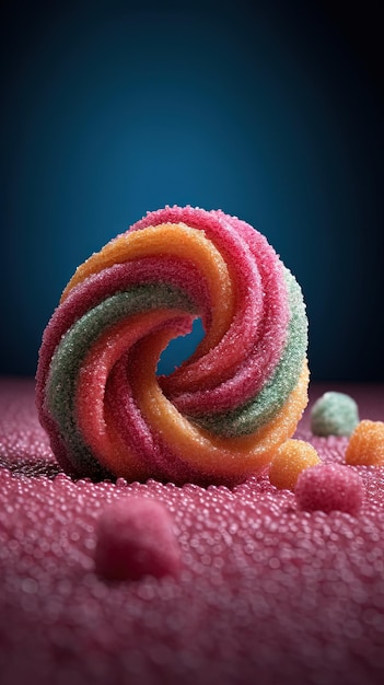 Um pirulito colorido com a palavra gummy nele