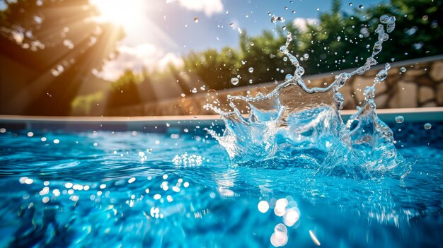 Um piscar de água refrescante salta de uma piscina cristalina.