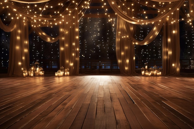 Um piso de casamento de madeira com luzes cintilantes e fundo desfocado para eventos e celebração de festivais