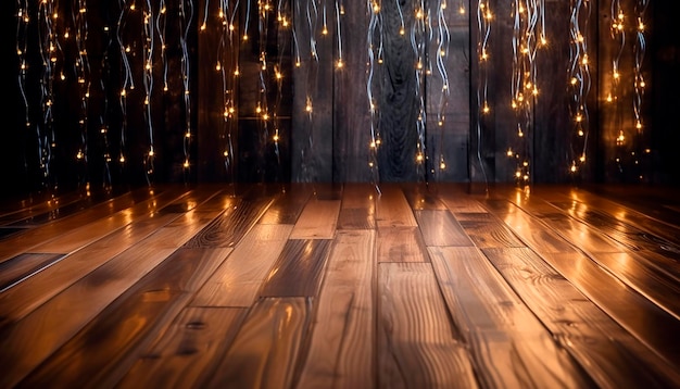 Um piso de madeira com luzes penduradas no teto