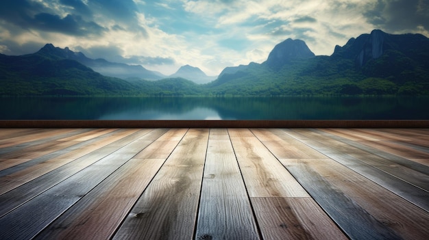 Um piso de madeira com um cenário de montanha