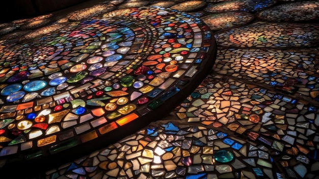 Um piso de mosaico com um círculo de vidro e uma luz que tem a palavra amor nele.