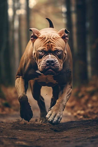 um pitbull forte a correr pela floresta a alta velocidade