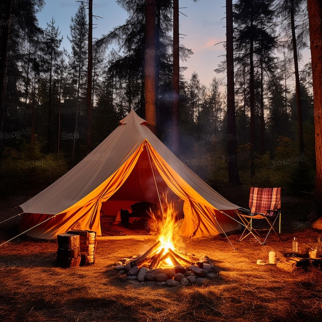 Um pitoresco acampamento na natureza com tendas e fogueira de acampamento fotografia profissional