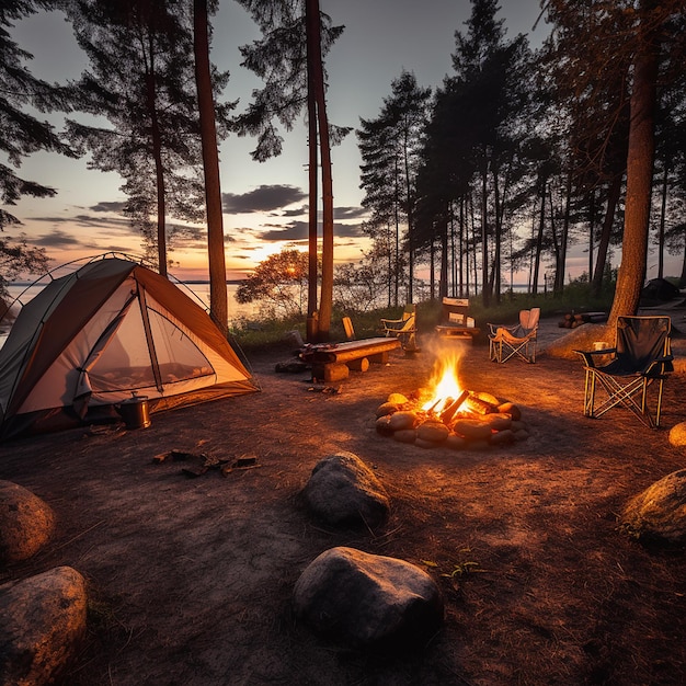 Um pitoresco acampamento na natureza com tendas e fogueira de acampamento fotografia profissional