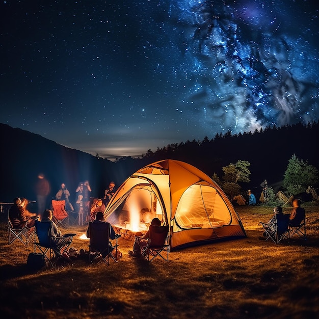 Um pitoresco acampamento na natureza com tendas e fogueira de acampamento fotografia profissional