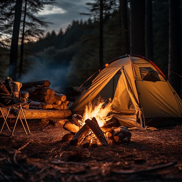 Um pitoresco acampamento na natureza com tendas e fogueira de acampamento fotografia profissional
