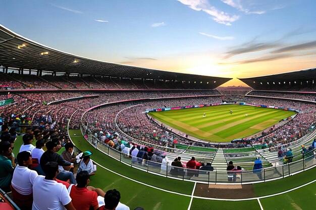 Foto um pitoresco estádio de críquete com um campo verde exuberante e uma multidão vibrante de espectadores