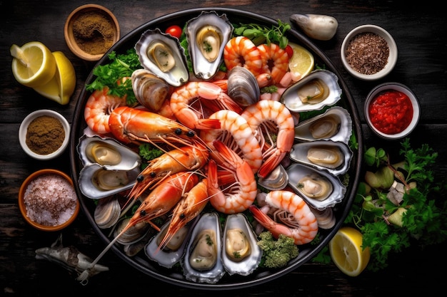 Um planalto de frutas de mer é uma fotografia de comida de publicidade profissional de frutos do mar