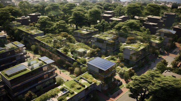 Um planejador urbano desenvolve um bairro sustentável com telhados verdes, jardins comunitários e fontes de energia renováveis ar 169 v 52 Job ID d771b492af98468ea2c6e9157b1b0caf