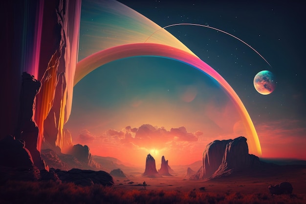 Um planeta com um arco-íris ao fundo