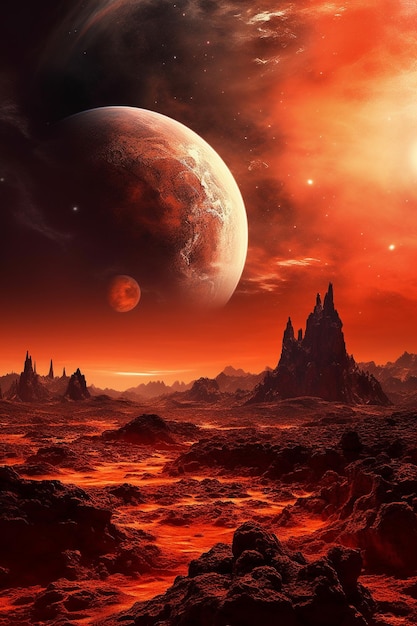 Um planeta com um céu vermelho e o sol atrás dele