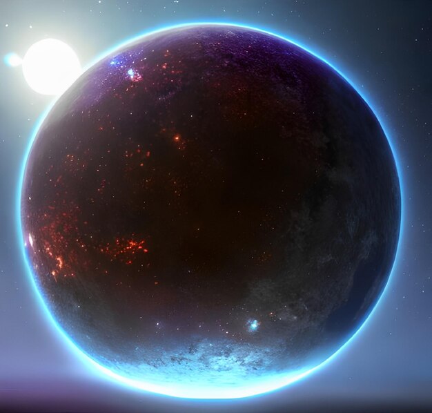 Um planeta com um planeta azul escuro e o sol ao fundo.