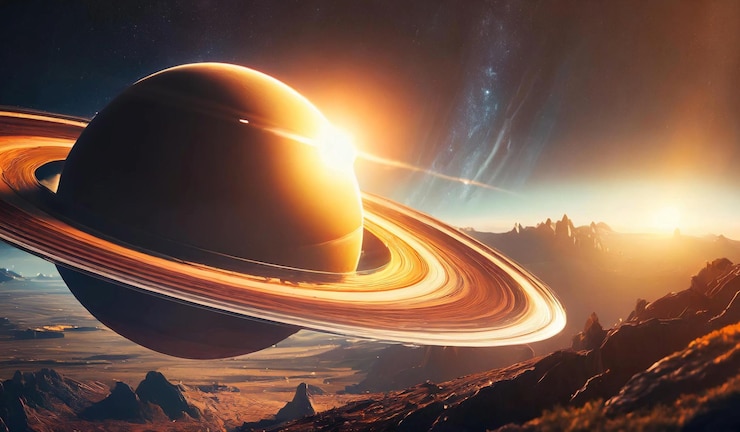 Foto um planeta com um sol a pôr-se atrás dele.