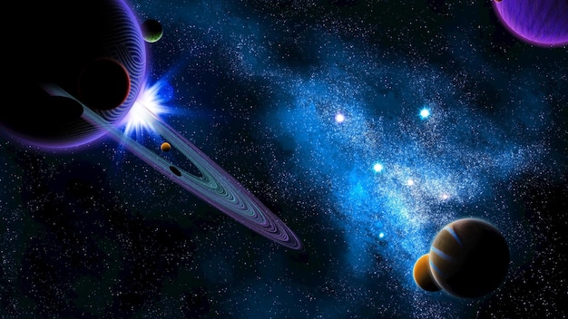 um planeta com uma estrela no centro e planetas no fundo