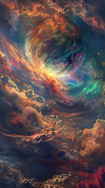 Um planeta de outro mundo com nuvens giratórias e cores vibrantes. Ilustração gerada por IA.