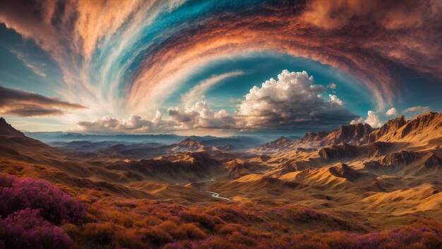 Foto um planeta fantástico com nuvens giratórias e paisagens coloridas.