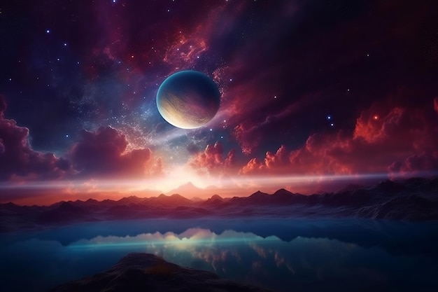Um planeta no céu com um lago em primeiro plano