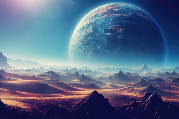 Um planeta no deserto com montanhas e uma lua