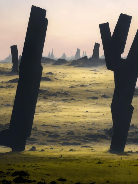 um planeta no espaço com rochas, deserto com planícies mistas e um horizonte cinematográfico com poucos humanos