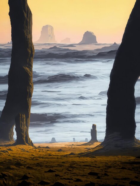 um planeta no espaço com rochas, deserto com planícies mistas e um horizonte cinematográfico com poucos humanos