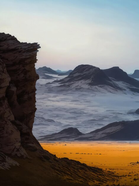 um planeta no espaço com rochas, deserto com planícies mistas e um horizonte cinematográfico com poucos humanos
