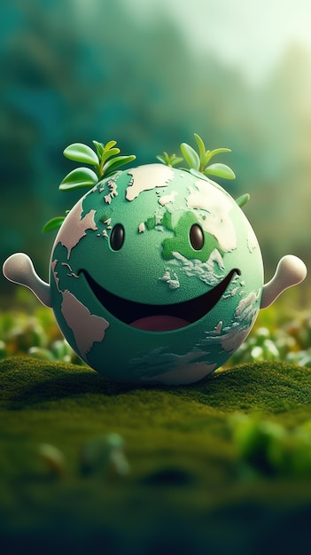 Um planeta verde com um rosto sorridente e uma planta nele.