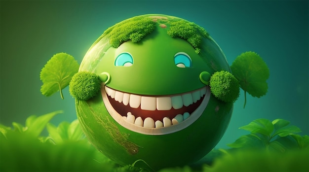 Um planeta verde com um rosto sorridente e uma planta nele.