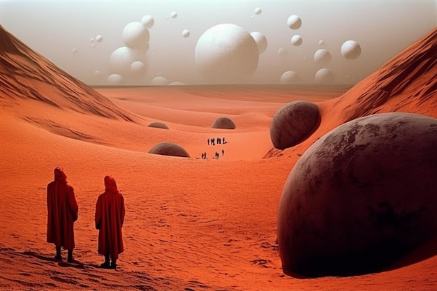Foto um planeta vermelho com um homem e uma mulher andando no meio dele.