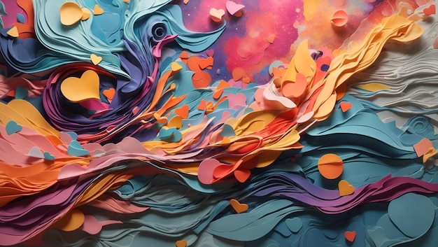 Um plano de fundo abstrato colorido projeta uma combinação de cores, formas e texturas