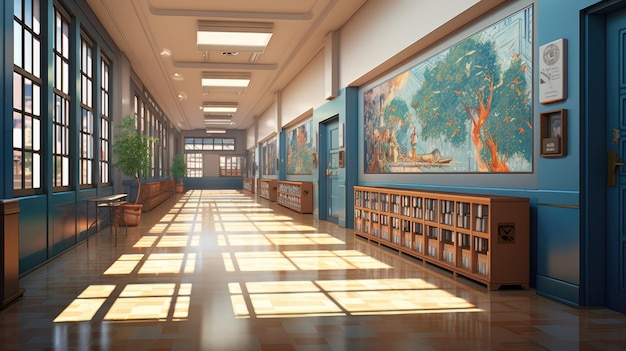 Um plano de fundo dinâmico mostrando um movimentado corredor escolar