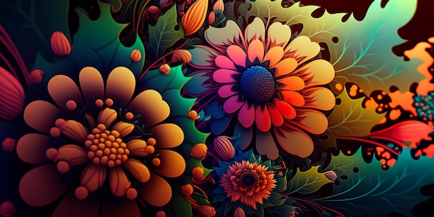 Um plano de fundo floral colorido com um toque psicodélico Generative AI