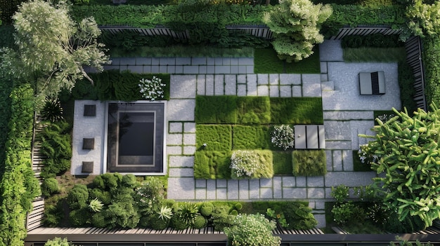 Um plano de jardim minimalista com formas geométricas e linhas limpas perfeito para uma estética moderna