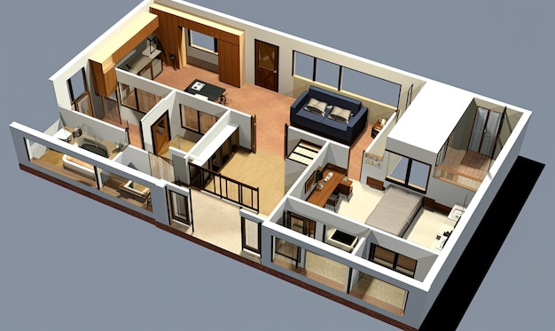 Um plano de piso de uma casa com uma sala de estar e um quarto