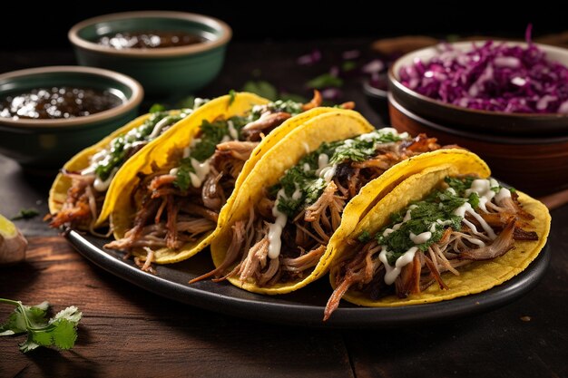 Um plano de um prato de tacos de carnitas com carne de porco cozida lentamente e salsa verde