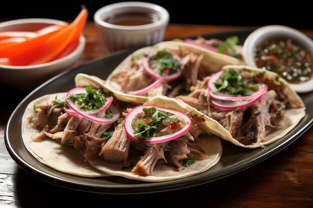 Foto um plano de um prato de tacos de carnitas com carne de porco cozida lentamente e salsa verde