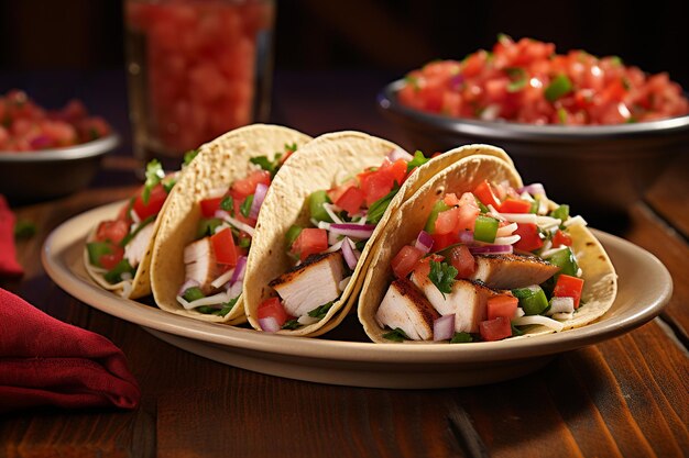 Um plano de um prato de tacos de frango grelhado com pico de gallo