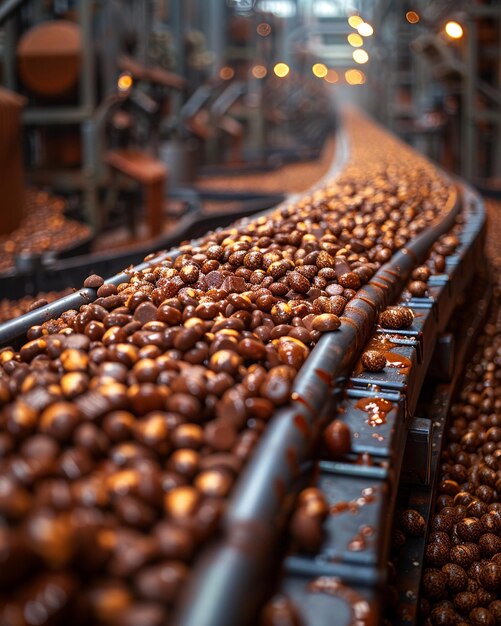 Foto um plano dinâmico do fundo movimentado da fábrica de chocolate