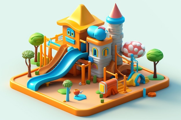 Um playground com um castelo e um castelo nele.