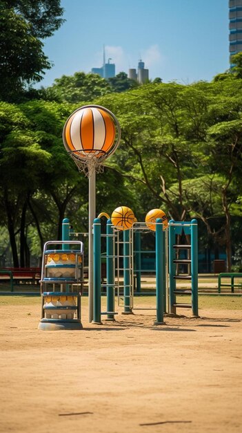 Foto um playground com uma bola no topo dele