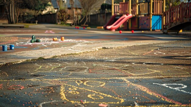 Um playground vazio com desenhos coloridos de giz no chão Um escorregador e um balanço estão ao fundo