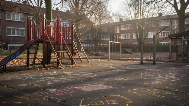 Um playground vazio com uma escada de deslizamento e outras estruturas O chão é coberto de desenhos de giz