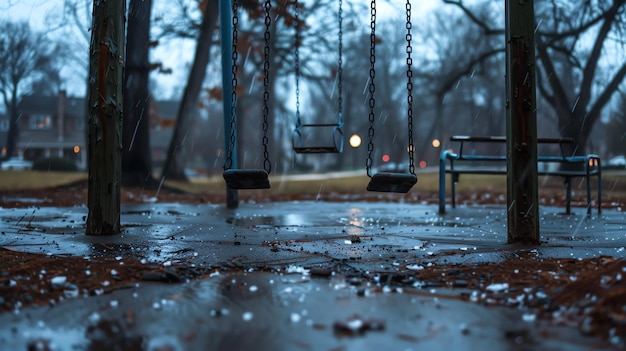 Um playground vazio num dia chuvoso os balanços estão molhados e o chão está coberto de folhas a cena é pacífica e quieta