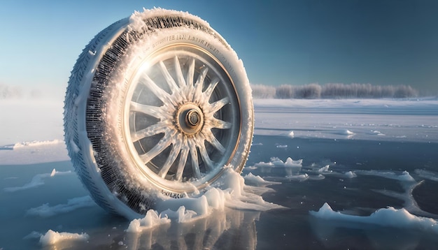 Um pneu coberto de neve em um lago congelado