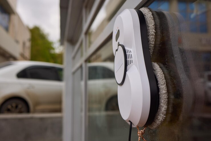 Foto um pneu de automóvel branco robótico está a limpar uma janela de vidro