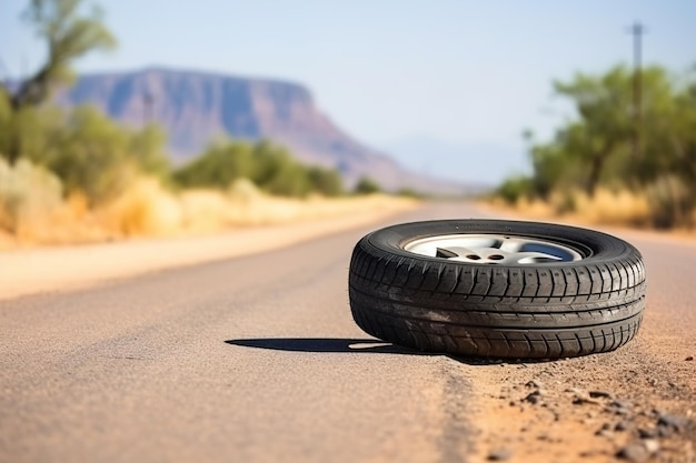 Foto um pneu de carro abandonado numa estrada deserta com um fundo de montanha