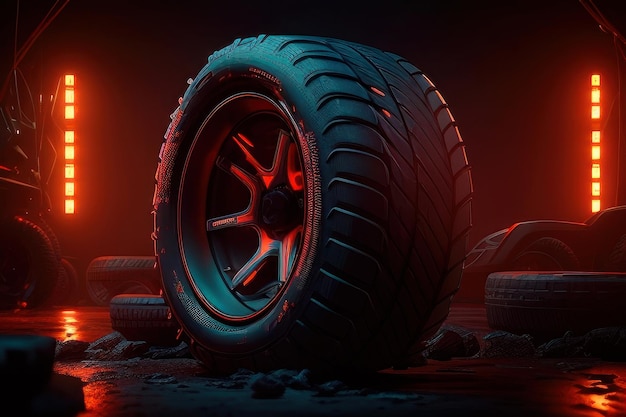 Um pneu em um fundo escuro com uma luz vermelha.