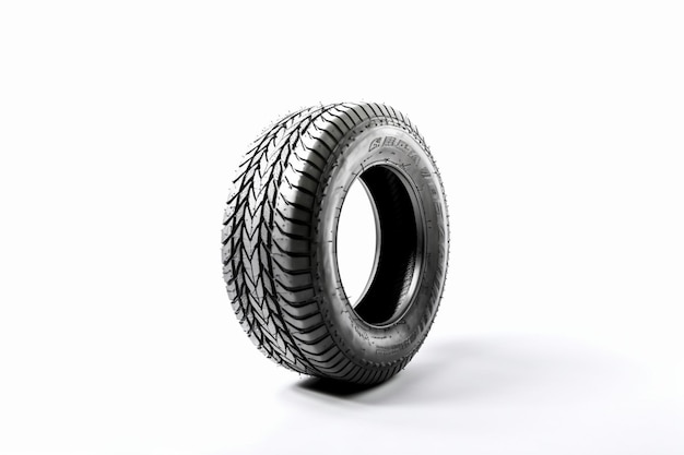 Um pneu preto está sobre um fundo branco.