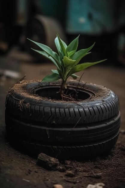 Um pneu que tem uma planta nele